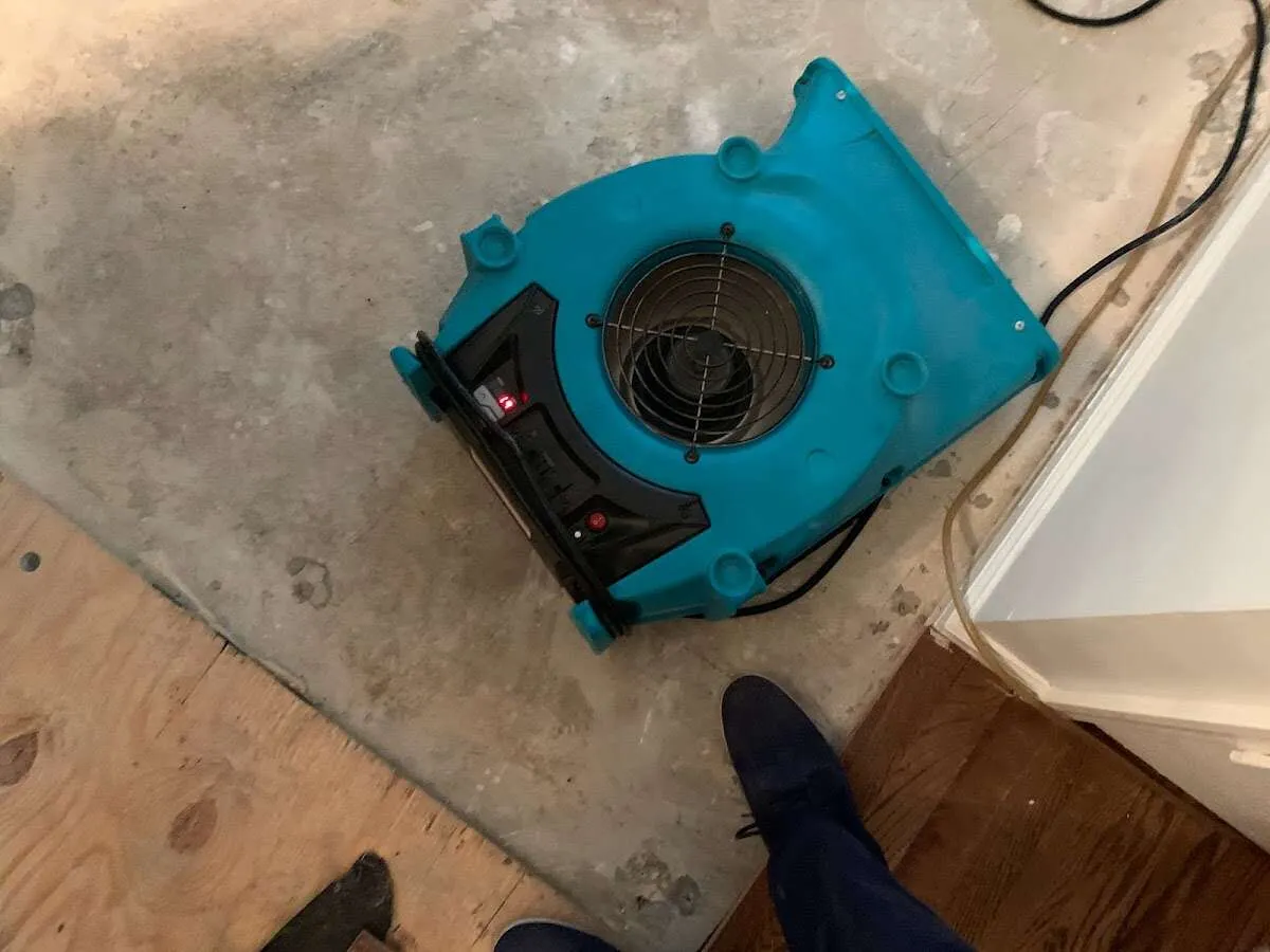 Air mover drying subfloor during Leak Detection & Repair in San Elizario
